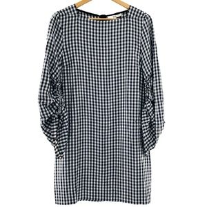 Tibi Black & White Gingham Checked Square Neck Dress with Ruched Sleeves Size 6